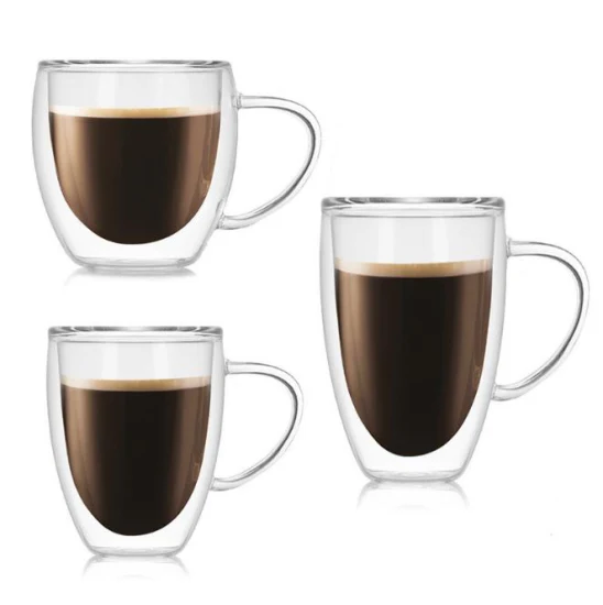 Klare Kaffeetasse aus Borosilikatglas, isolierte doppelwandige Glas-Espresso-Kaffeetasse mit Henkel, Glastasse mit Bambusdeckel